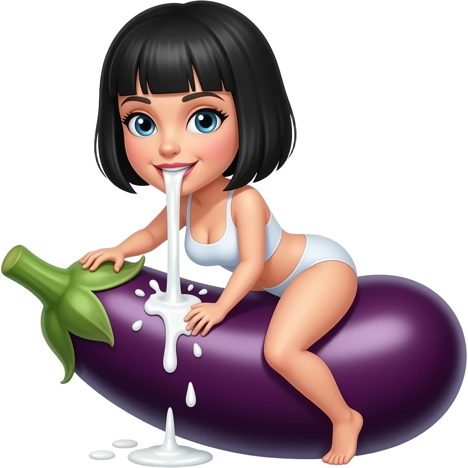 White woman black bob haircut straddling an aubergine with milk dribbling out of her mouth emoji