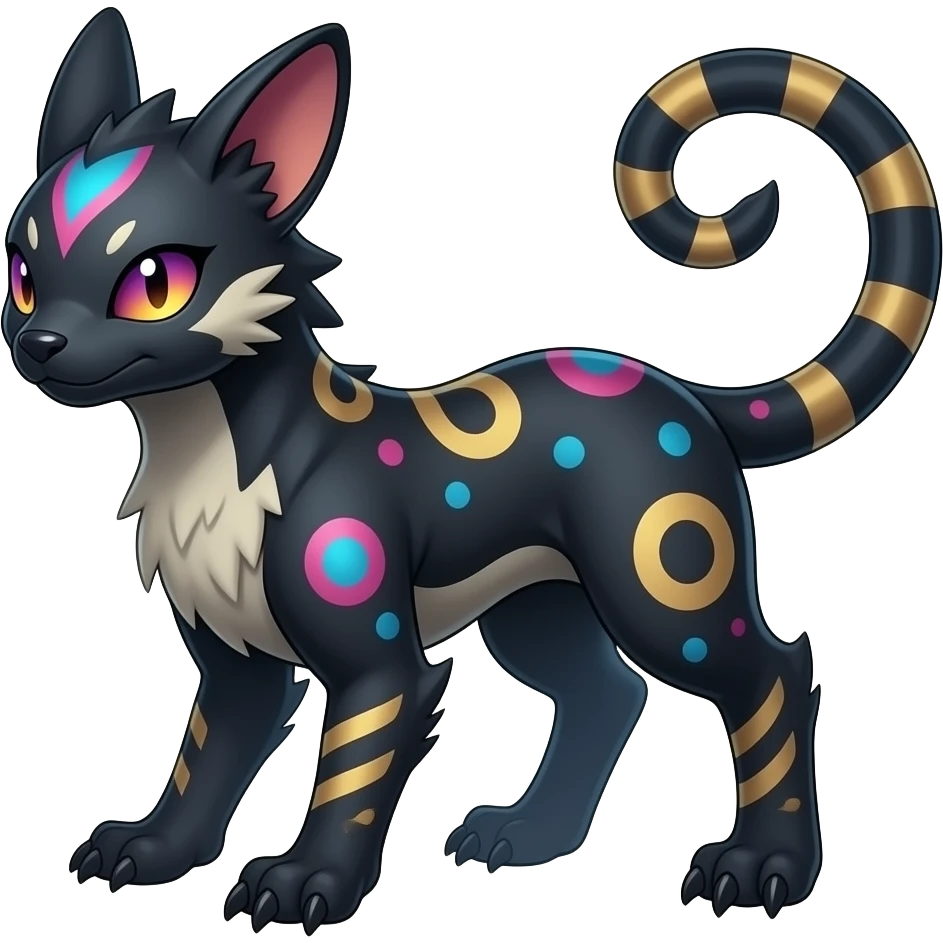 Rare realistic exotic edgy dark gothic gloomy epic pretty beautiful handsome gorgeous aesthetic colorful vibrant Vernid-Trico-species-Fakemon-creature by LiLaiRa, 4 legs, 1 tail, random markings, (full body) emoji
