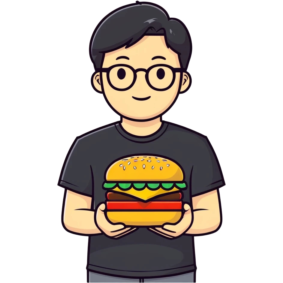asian guy with glasses, middle part hair, square jaw, wearing a black t-shirt and shorts, holding multiple big macs emoji