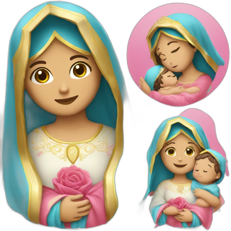 virgen con ropa celeste y rosa.. con bebé jesús en brazos  emoji
