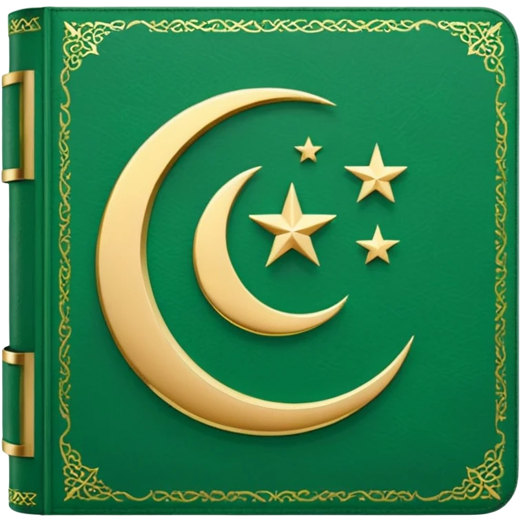 Closed Quran with the Islamic Symbol on it (moon and star) green from left to right emoji