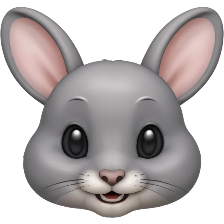 Head of a grey rabbit in Apple emoji style, round face, soft grey fur, big black eyes, perky ears, gently showing two front teeth in a subtle smile, front-facing, clean and glossy look
 emoji