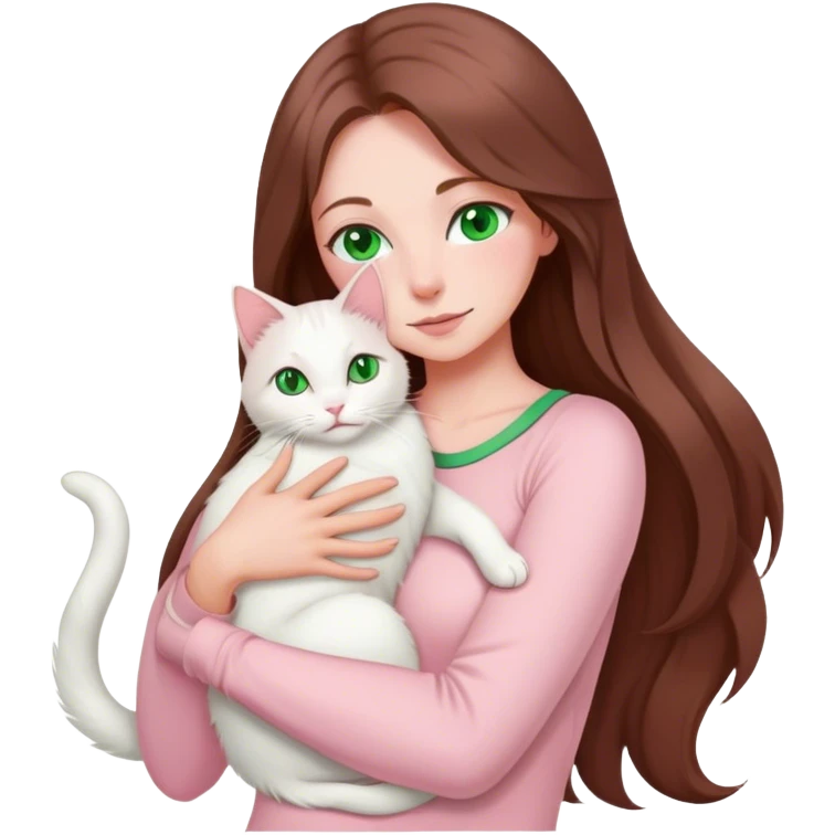 woman with very long brown hair and green eyes in a light pink outfit hugging a white cat emoji