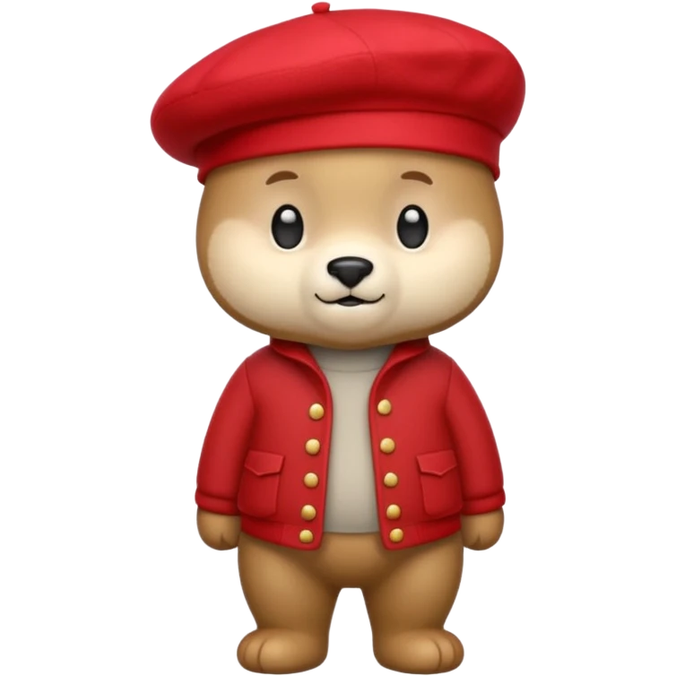 A cute emoji bear, full-length, side view, wearing a stylish red beret. emoji