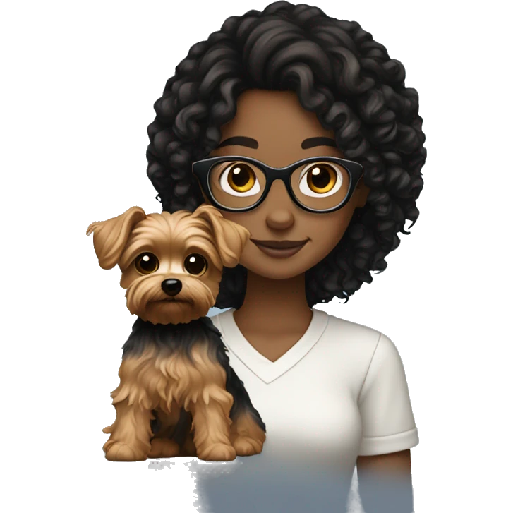 White girl with curly black hair and glasses holding brown Yorkie  emoji