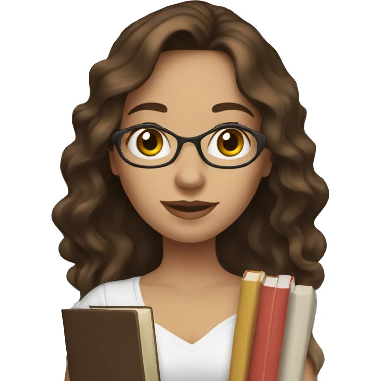 white skin woman with dark brown long wavy hair holding books woman emoji