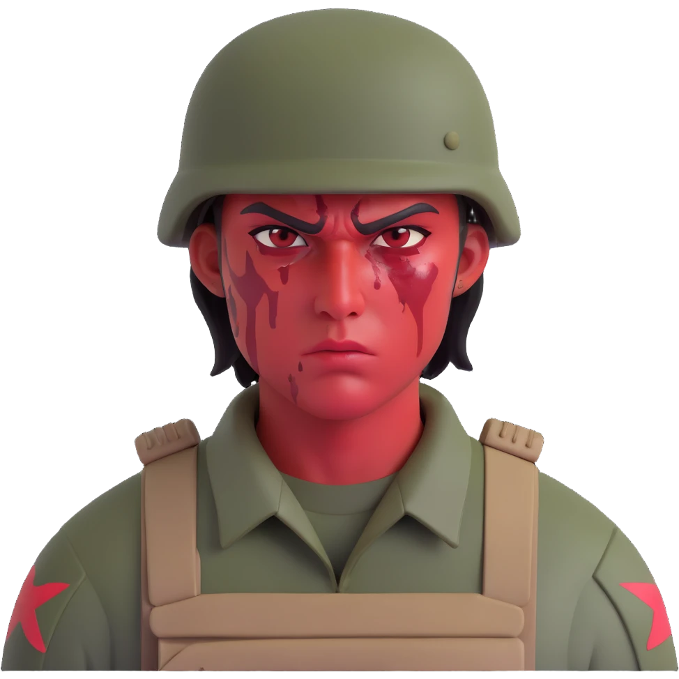 soldier, red skin tone, scowling, blood splatter on left cheek emoji