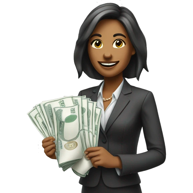 business woman with a piece of paper in the right hand and money in the left. Holding hands up and smiling. emoji