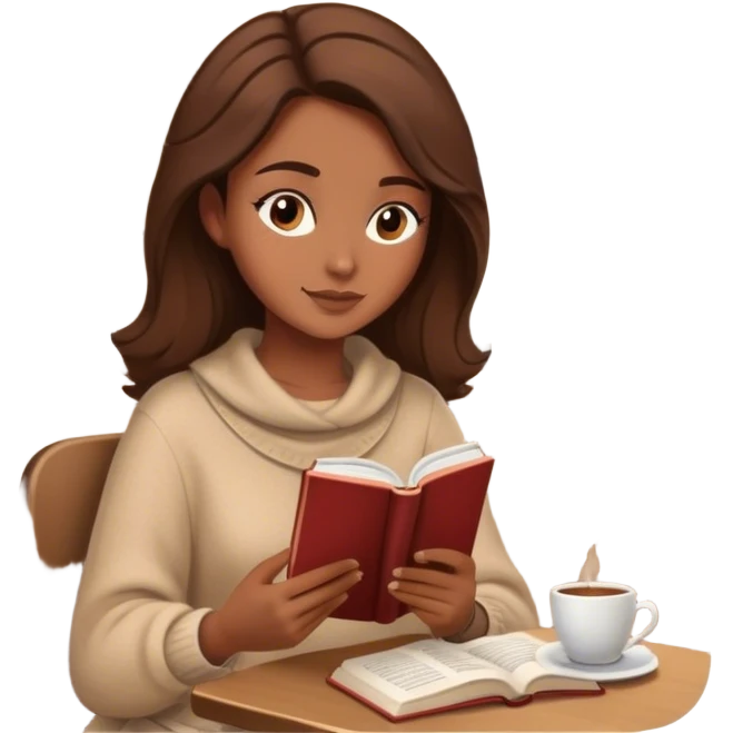 Brown haired woman in a cozy beige outfit reading a book in a cozy, quiet café emoji