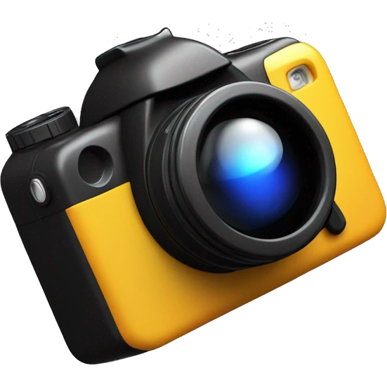 In the center of a pure black background, a 3D mimetic digital camera is facing the lens at a 0-degree angle emoji