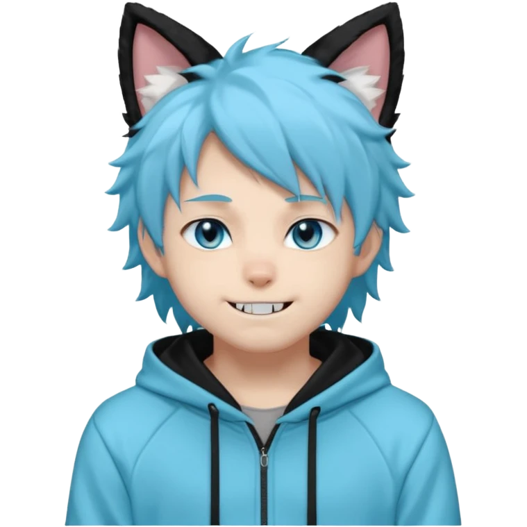A fluffy anime-style male character with black fur, cat ears, a long fluffy tail, and sharp blue eyes. He wears a light cyan hoodie that says 'Imagine and go with the flow' and matching sweatpants. He has sharp fangs that show when he smiles, giving him a playful but mysterious vibe. emoji