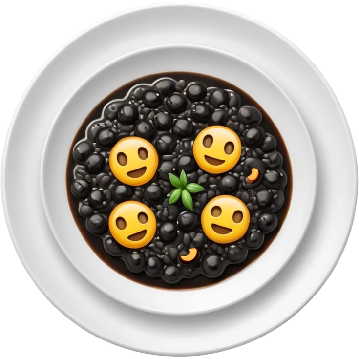 cinematic-realistic-black-risotto-dish-emoji,-showcasing-small ring pieces in black sauce -rendered-with-bold-textures-and-dynamic,-dramatic-lighting in a white plate emoji