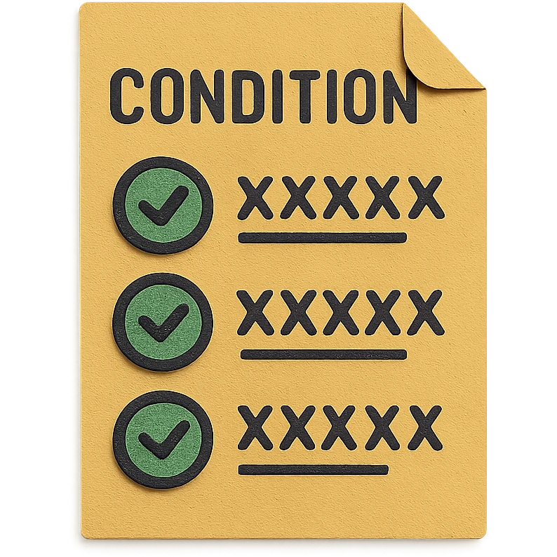 Change the color scheme to a modern style with clear and readable text. Keep the paper with a list of conditions. The title should be 'Condition'. Use 'xxxxxx' to represent different conditions. Remove the background for a clean look. emoji