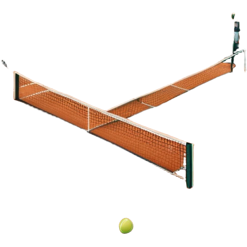 A tennis court at the Roland Garros tournament, with the iconic clay surface and a tennis ball bouncing near the net. The scene evokes the energy and excitement of the grand event, with vibrant crowds in the stands and a competitive atmosphere. emoji