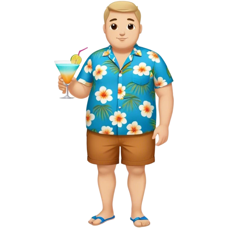 chubby guy full figure in a flowered azure havai shirt, brown shorts and flippers holding a cocktail emoji