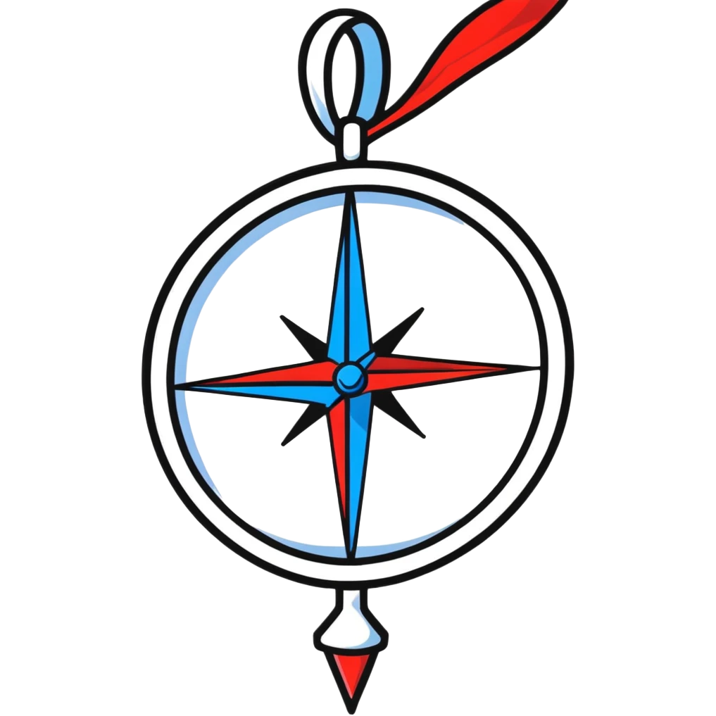 iOS compass with blue and red north/south markers hanging by a white ribbon emoji