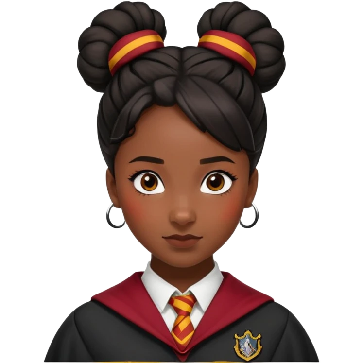 alicia spinnet in harry potter, wear hogwarts gryfindor uniform, black knot bun hair, black skin emoji