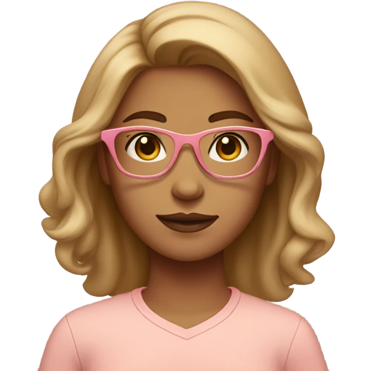 Slightly tan girl with brown eyes and hair, a middle part, a peach colored shirt and light pink glasses emoji