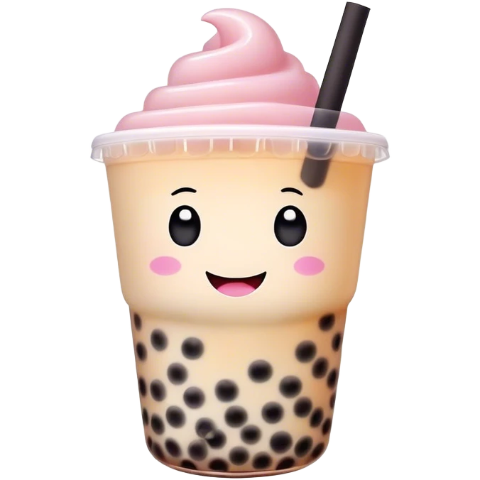 Cinematic pastel-colored bubble tea, chubby cup with a smiling face, tiny black tapioca pearls peeking out, soft glowing background, playful and adorable. emoji