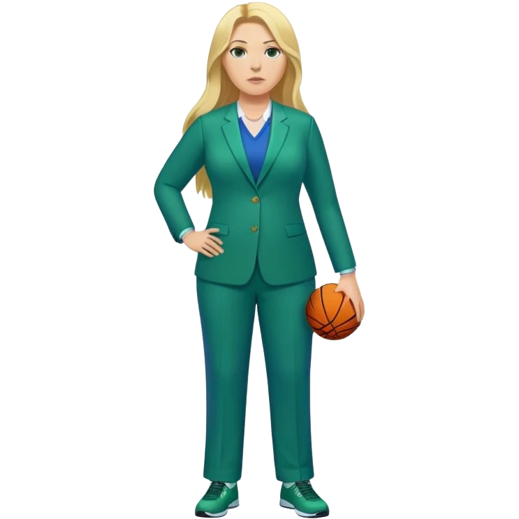 Full Body white plus size female basketball head coach with long blonde hair in a blue and green suit emoji