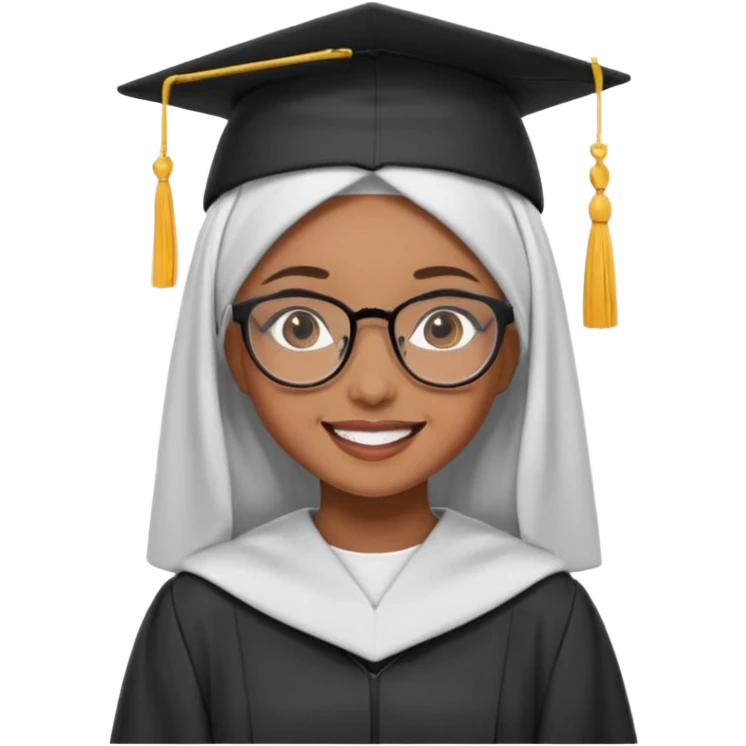 adorable hijabi girl with glasses, graduation cap, and a big smile emoji