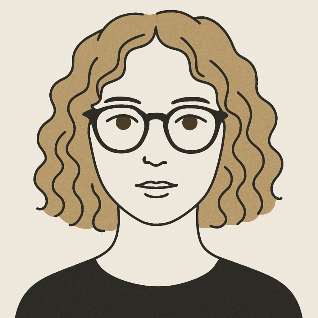 portrait simple d'une fille avec des cheveux bouclés blonds foncé, lunettes noires, yeux marrons emoji