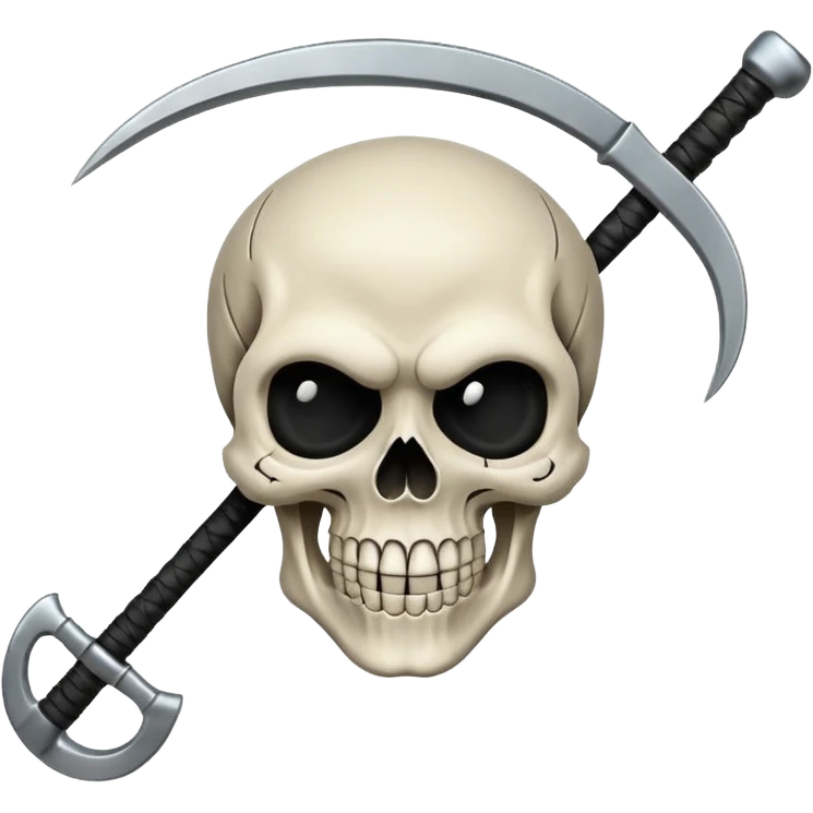 A laughing skull with a scythe crossed behind it, one eye socket winking. Clean, stylized lines, flat vector. Medieval woodcut style. Black and white with one accent color (tarnished silver). No background. emoji