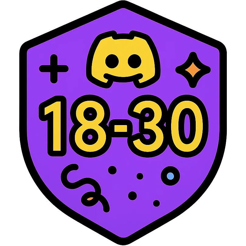 Discord role icon for ages 18-30, modern and inclusive, with playful elements like confetti or sparkles, numbers '18-30' subtly included, suitable for a community badge emoji