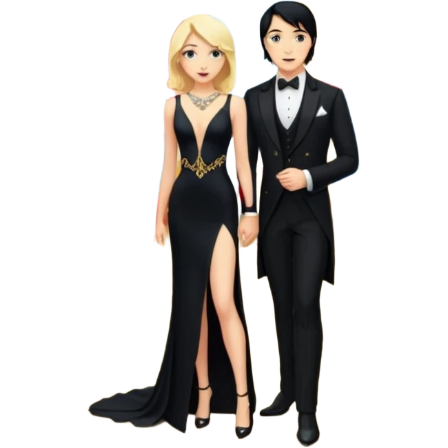 Blonde woman, black, Long, tight, sleveless Dress, Slot left Leg, man, black Hair, in Dinner jacket, Background ballroom emoji