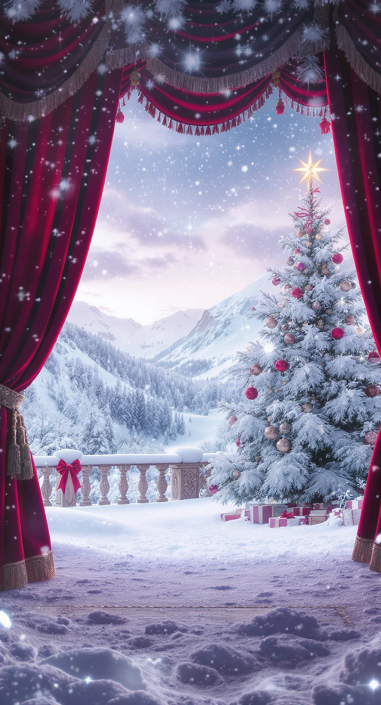 Cinematic still of a winter landcape, snowy, next to stage christmas tree in snow, in background we can see beautifull snowy landscape, soft light, symmetrical, day emoji