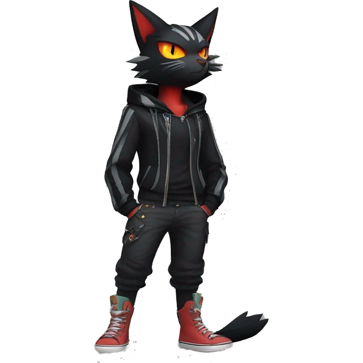 Cool Anthro Black Noibat-Quilava-Litten-Pokémon with edgy stripes hoodie spiked collar punk Full Body emoji