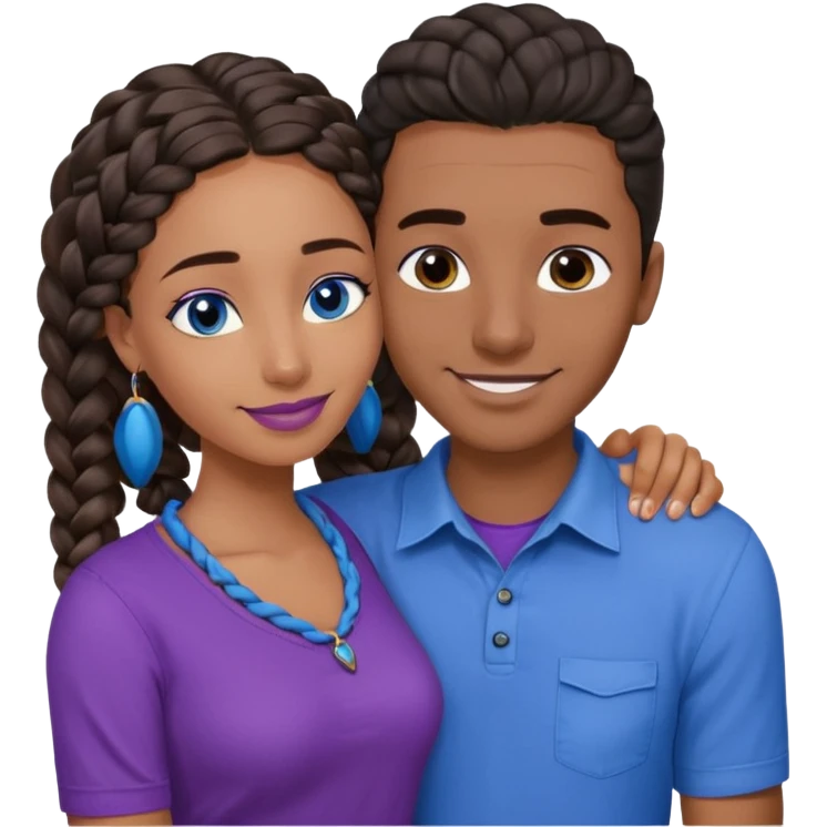 Boyfriend who is middle Eastern olive skinned with blue eyes and wavy straight brown hair in a blue shirt and his African girlfriend who is very black skinned, juicy lipped with black braided hair and the two are hugging and smiling hugely she’s wearing purple and she has black eyes emoji