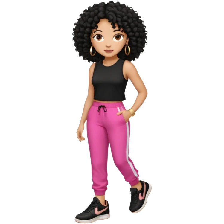 Black woman, adult, 4C black curly hair, dark brown eyes, wearing black top, pink pants, black sneakers, gold hoop earrings comendo fitness emoji