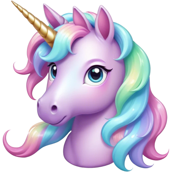 Cinematic pastel-colored unicorn, flowing iridescent mane, big sparkling eyes, tiny rounded hooves, soft chubby cheeks, delicate magical glow surrounding, enchanting and dreamy. emoji