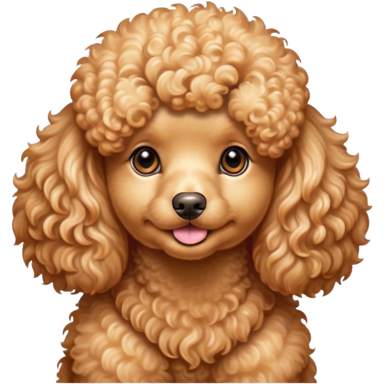 Cinematic Cute Apricot Poodle Portrait Emoji, Head tilted playfully and inquisitively, showcasing a bouncy, curly apricot Fur with a luminous sheen, round, sparkling warm eyes filled with curiosity, Simplified yet irresistibly adorable features, highly detailed, glowing with a warm, friendly glow, high shine, affectionate and lively, stylized with a touch of whimsy, bright and endearing, soft glowing outline, capturing the essence of a mischievous yet loving companion, so playful it feels like it could bounce out of the screen and into your arms! emoji