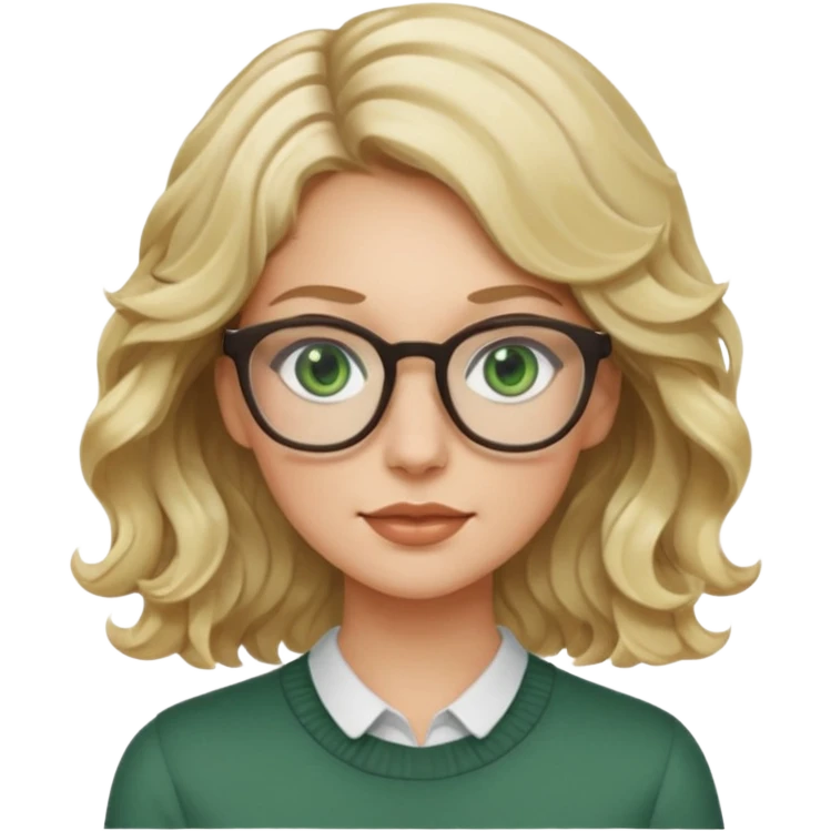 blonde woman, age 25-30, green eyes, wavy hair, wearing glasses, modern product designer emoji