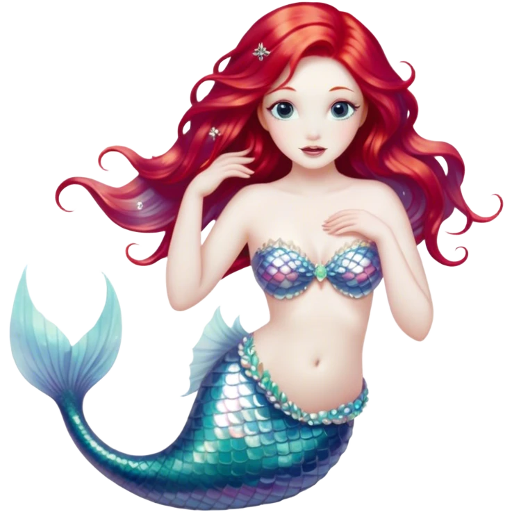Cinematic Realistic Red Hair Mermaid Portrait, depicted with lifelike porcelain white skin that glows with an ethereal radiance, enhanced by soft underwater lighting. Her intricately detailed, flowing red hair cascades like liquid fire, framing deep, soulful eyes that mirror the mysteries of the deep sea. Accented by shimmering, iridescent scales and delicate aquatic embellishments, the portrait features an enchanting underwater glow that marries realism with mythic ocean elegance. emoji
