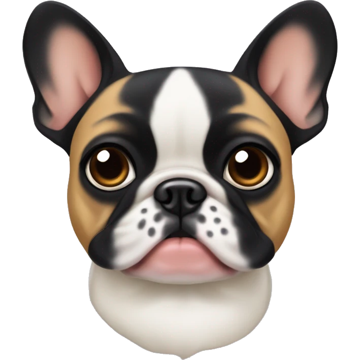 A small, black-and-tan French bulldog with a mostly black face and tan paws, tilting its head slightly with wide, puzzled eyes and a slightly furrowed brow, perhaps with a small question mark near its head emoji