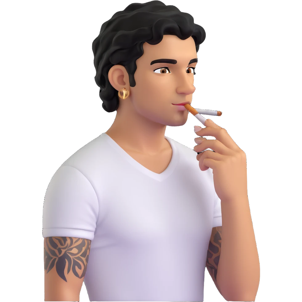Italian man with tanned skin, curly black hair in short bob style, stubble, olive eyes, gold earring in left ear, white t-shirt, black tattoo on forearm, smoking cigarette emoji