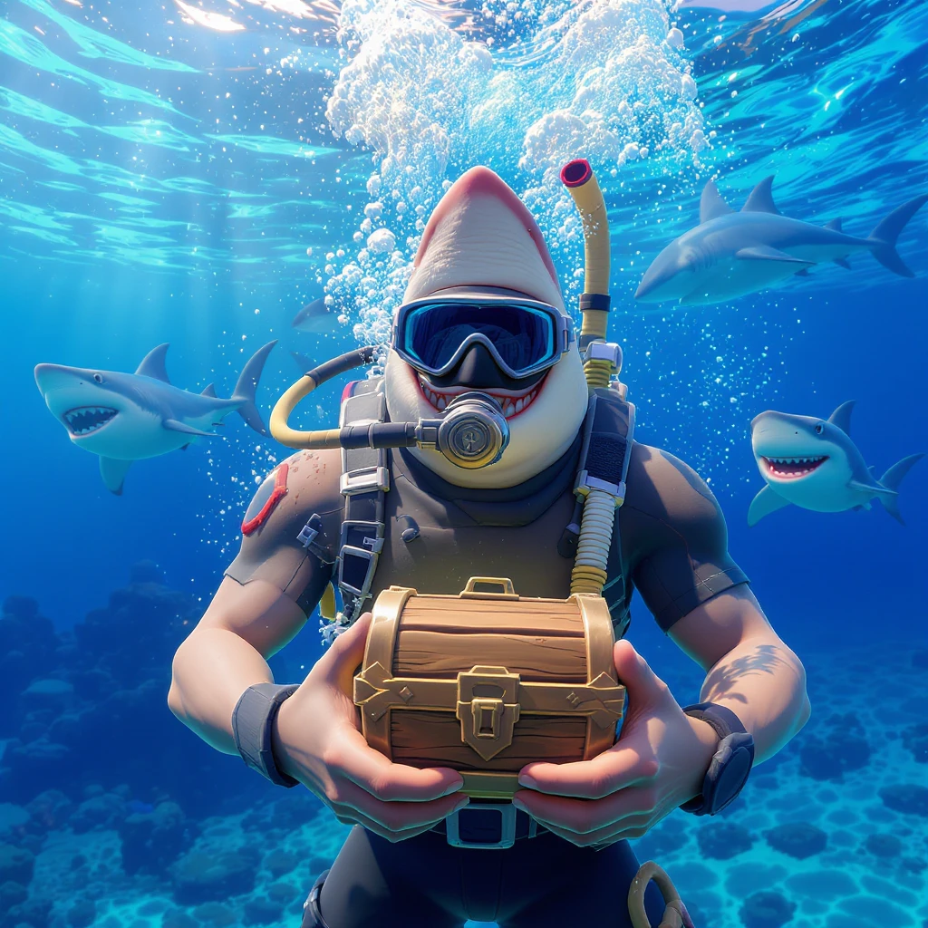 portrait, closeup, 3D, symmetrical, fortnite art style, diver holding chest underwater, happy shark swiming around him, blue crystal water, sunny day emoji