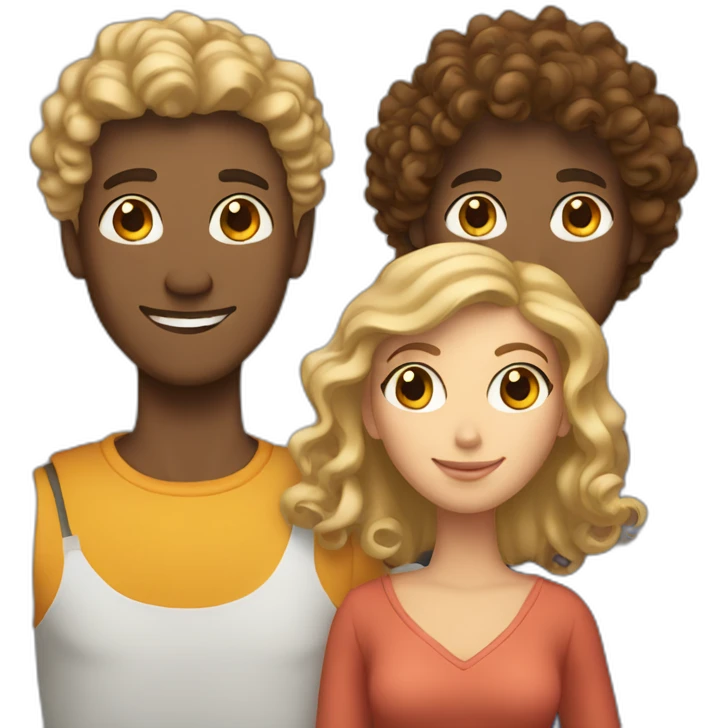 Three friends, a brown blond man, a curly woman, a woman with straight hair emoji