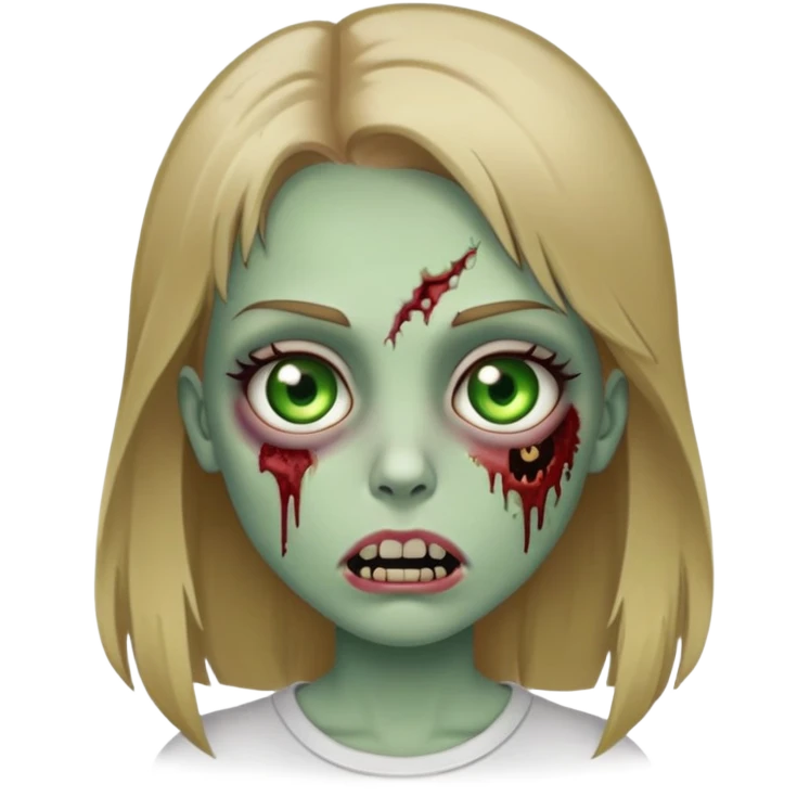 garota zumbi (cabelo loiro escuro liso e quase na cintura, olhos verdes, cílios grandes, boca média) emoji