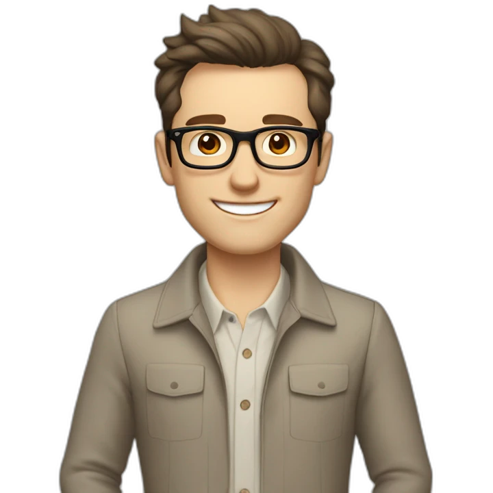 Joyful Pale skinned Fit Man With dark brown hair in gray jacket, beige office shirt, Brown pants and vintage glasses. His thrumbs up emoji