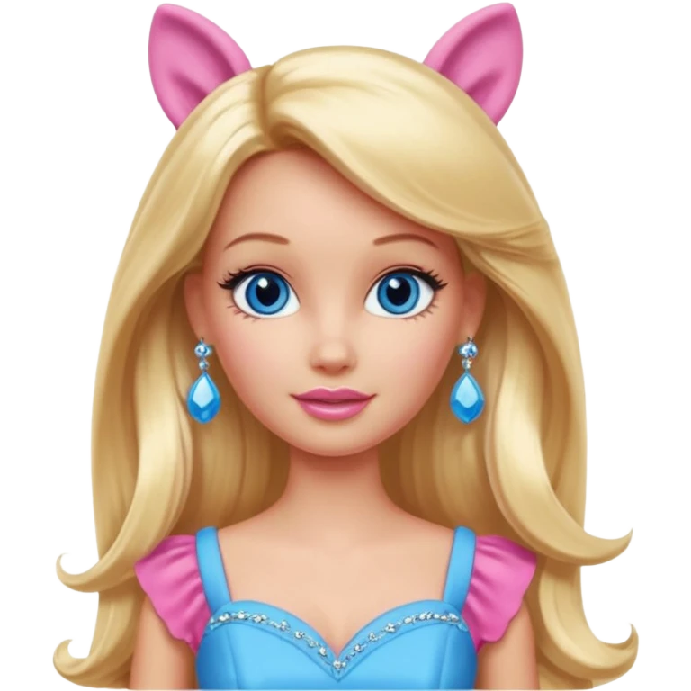 barbie, long blonde hair, pink dress, with blue eyes,different dress, big ear rings emoji
