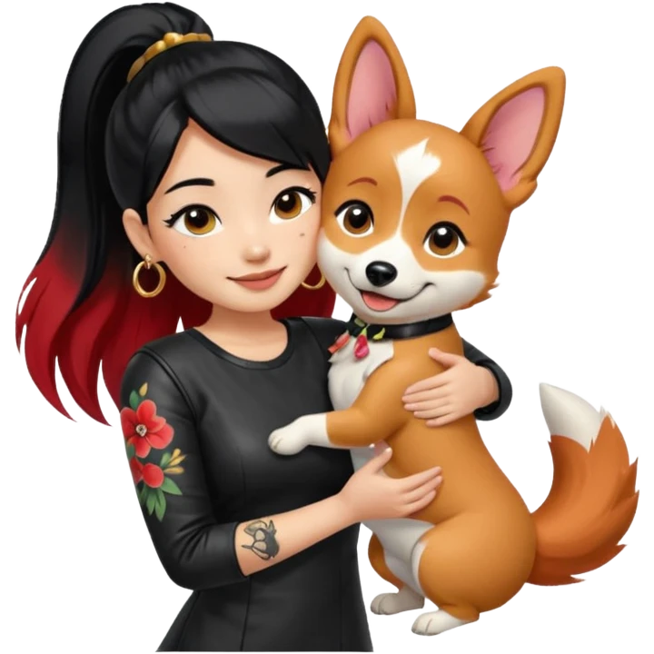 apple-style emoji of an Asian girl with long hair in a ponytail, deep side bangs, black leather dress, gold hoop earrings, dramatic false lashes, and a floral 3/4 sleeve tattoo on her left arm, hugging a smiling red head tri-color corgi, simplified, emoji-like emoji
