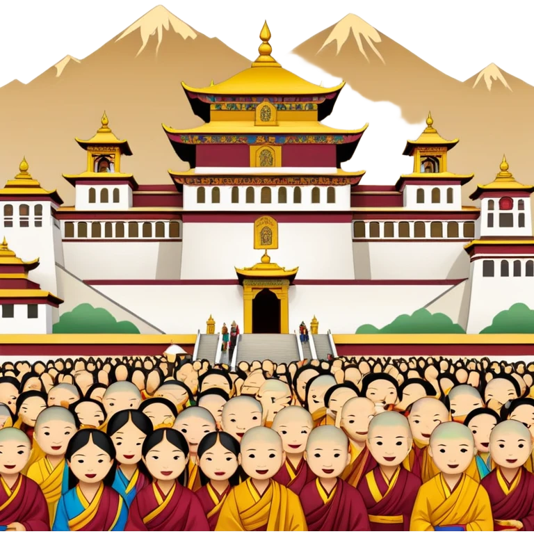Lhasa Jokhang Temple Tibet with pilgrims, simplified emoji style with bold outlines and bright colors, cartoon style golden roof temple emoji