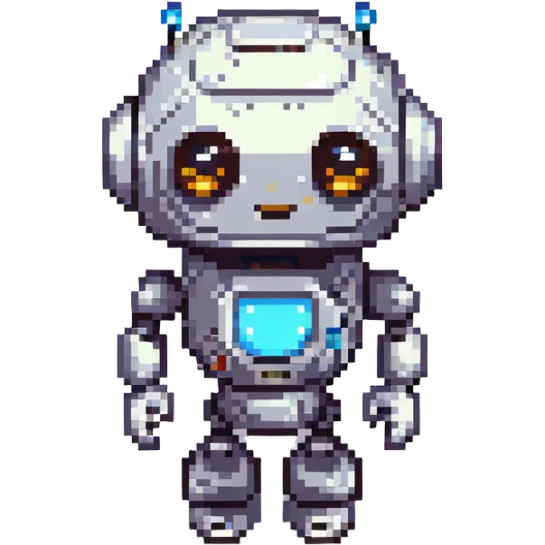 A cute, cartoonish, and friendly robot with a round head, big expressive eyes, and a small body, giving off a welcoming and helpful vibe emoji