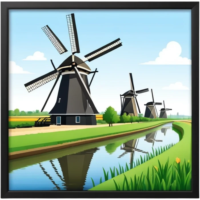 cinematic-realistic-kinderdijk-windmills-landmark-emoji,-showcasing-traditional-dutch-windmills-aligned-along-a-tranquil-canal,-with-lush-green-fields in a picture frame emoji