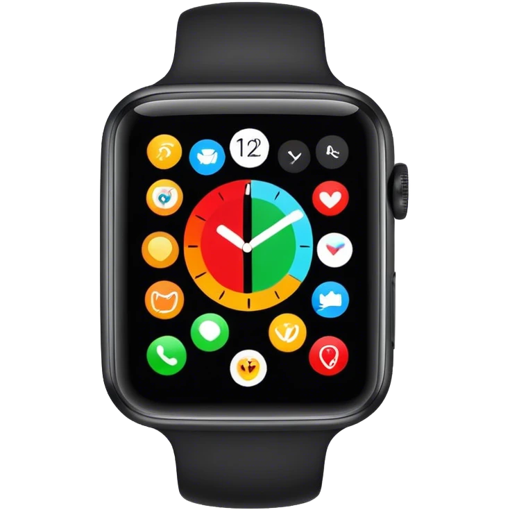  modern smartwatch, black with a vibrant screen display showing the time, a call icon, and a message icon emoji