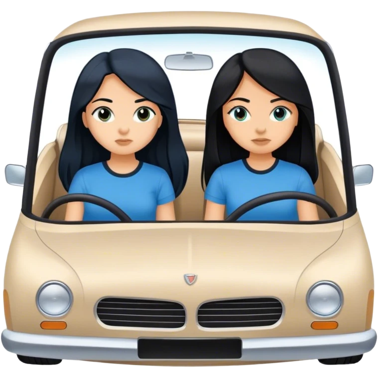 Two girls both with black long hair one with a blue shit one with a black shirt in a white car driving to a destination emoji